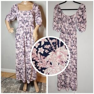 Something Navy Smocked puff Sleeve Navy Pink floral maxi dress size small